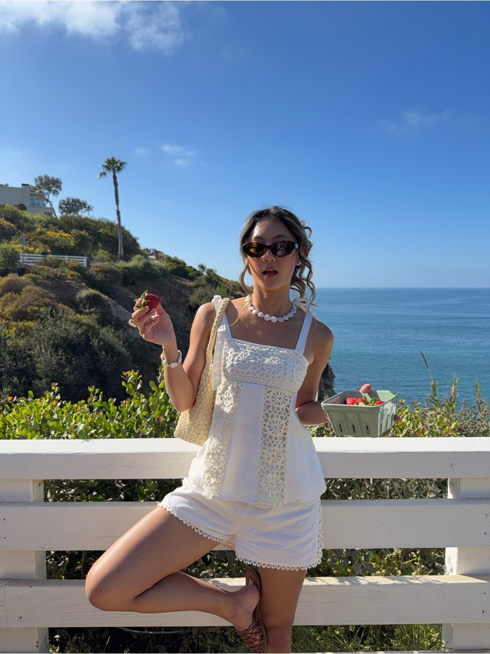 Selfie Leslie White Tied Shoulder Eyelet Tank